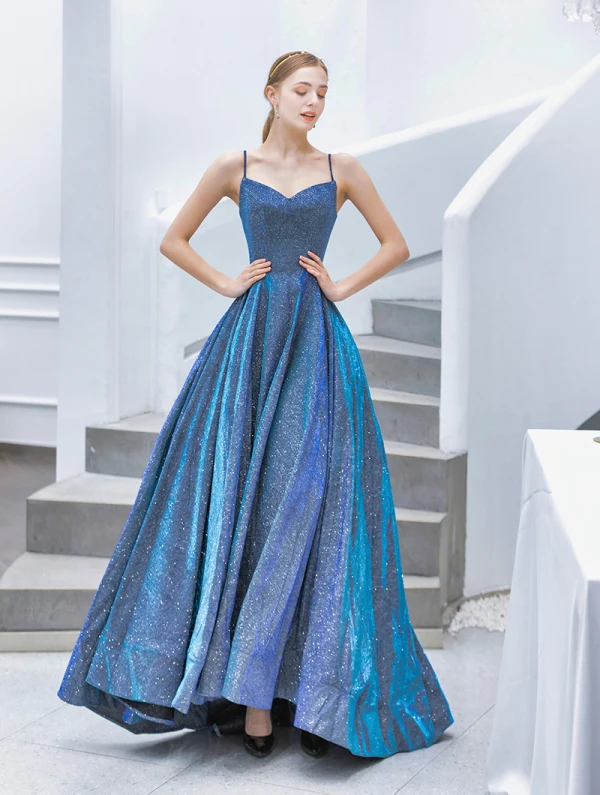 Glitzernden Meeresblau Abendkleider 2019 A Linie Spaghettiträger Pailletten Ärmellos Rückenfreies Sweep / Pinsel Zug Festliche Kleider