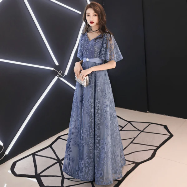 Elegant Pool Blue Evening Dresses  2019 A-Line / Princess V-Neck Rhinestone Lace Flower Sash Short Sleeve Backless Floor-Length / Long Formal Dresses