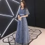 Elegant Pool Blue Evening Dresses  2019 A-Line / Princess V-Neck Rhinestone Lace Flower Sash Short Sleeve Backless Floor-Length / Long Formal Dresses
