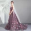 Chic / Beautiful Purple Prom Dresses 2019 A-Line / Princess Strapless Lace Flower Sleeveless Backless Sweep Train Formal Dresses