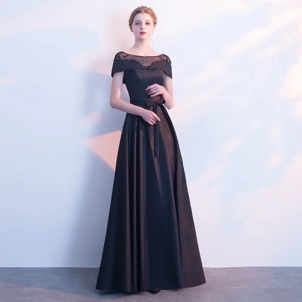 Modest / Simple Black Evening Dresses 2018 A-Line / Princess Beading Scoop Neck Backless Short Sleeve Floor-Length / Long Formal Dresses