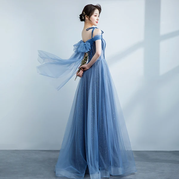 Chic / Belle Bleu Ciel Robe De Bal 2021 Princesse Bretelles Spaghetti Perlage Noeud Sans Manches Dos Nu Longue Robe De Ceremonie