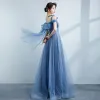 Chic / Beautiful Sky Blue Prom Dresses 2021 A-Line / Princess Spaghetti Straps Beading Bow Sleeveless Backless Floor-Length / Long Formal Dresses