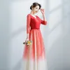 Fashion Red Gradient-Color Prom Dresses 2021 A-Line / Princess V-Neck Star Sequins 3/4 Sleeve Backless Floor-Length / Long Formal Dresses