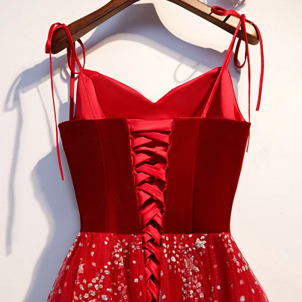 Modern / Fashion Burgundy Evening Dresses  2019 A-Line / Princess Spaghetti Straps Suede Star Sequins Sleeveless Backless Floor-Length / Long Formal Dresses