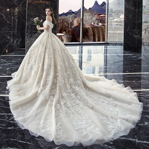 Classy Ivory Wedding Dresses 2019 Ball Gown Off-The-Shoulder Beading Sequins Lace Flower Short Sleeve Backless Cathedral Train