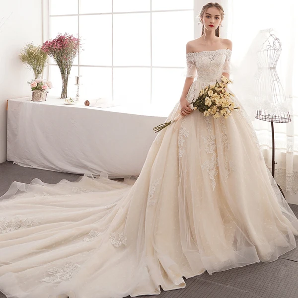 Charming Champagne Wedding Dresses 2019 A-Line / Princess Off-The-Shoulder Beading Pearl Lace Flower Short Sleeve Backless Cathedral Train
