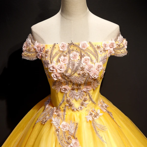 Flower Fairy Yellow Prom Dresses 2019 A-Line / Princess Off-The-Shoulder Appliques Lace Flower Pearl Short Sleeve Backless Floor-Length / Long Formal Dresses