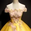 Flower Fairy Yellow Prom Dresses 2019 A-Line / Princess Off-The-Shoulder Appliques Lace Flower Pearl Short Sleeve Backless Floor-Length / Long Formal Dresses