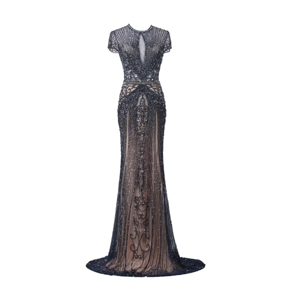 Luxe Bleu Marine Fait main Perlage Robe De Soirée 2019 Trompette / Sirène Encolure Dégagée Faux Diamant Cristal Manches Courtes Train De Balayage Robe De Ceremonie