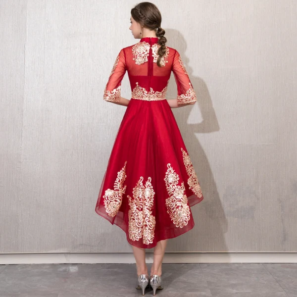 Chic / Beautiful Burgundy Cocktail Dresses 2019 A-Line / Princess High Neck Gold Lace Flower 1/2 Sleeves Asymmetrical Formal Dresses