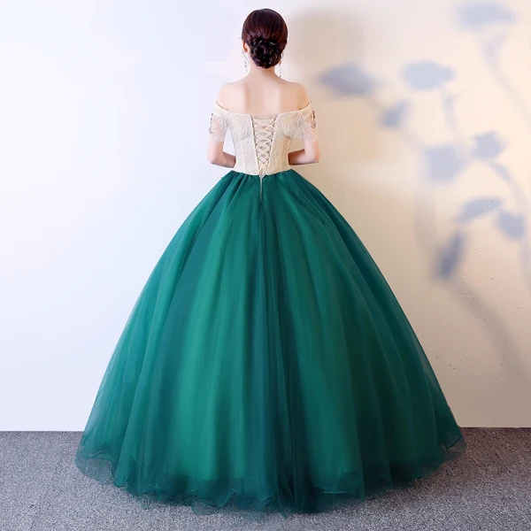 Elegant Dark Green Prom Dresses 2019 Ball Gown Off-The-Shoulder Appliques Lace Short Sleeve Backless Floor-Length / Long Formal Dresses
