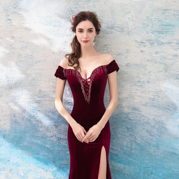 Sexy Burgundy Evening Dresses  2019 Trumpet / Mermaid Off-The-Shoulder Suede Beading Tassel Short Sleeve Backless Split Front Floor-Length / Long Formal Dresses