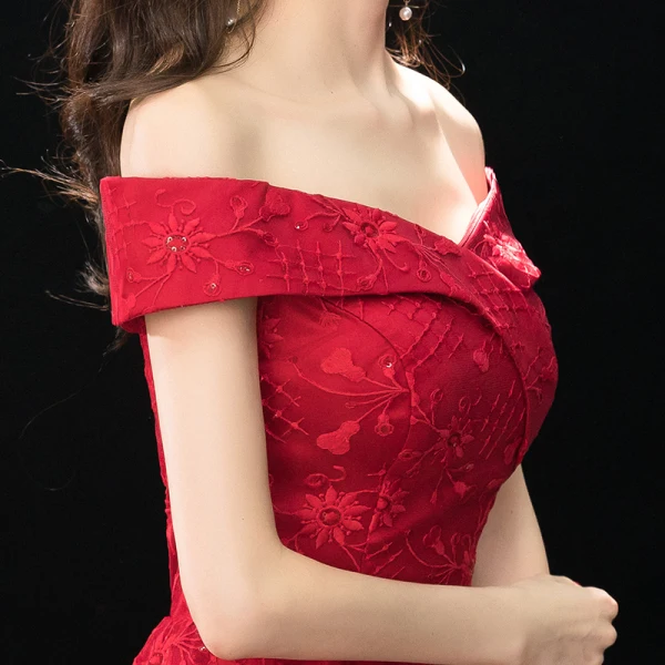 Modern / Fashion Burgundy Evening Dresses 2019 A-Line / Princess Off-The-Shoulder Sequins Lace Flower Short Sleeve Backless Floor-Length / Long Formal Dresses