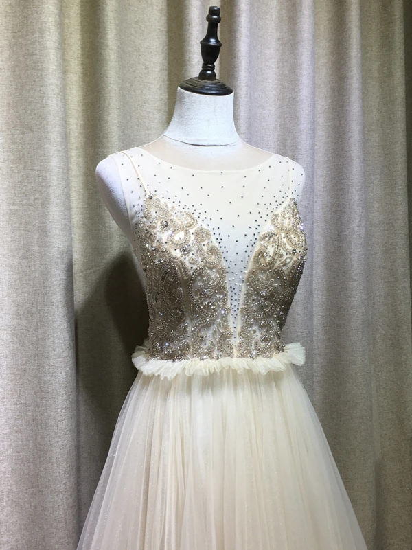 Chic / Beautiful Champagne Evening Dresses  2019 A-Line / Princess Scoop Neck Beading Crystal Rhinestone Sleeveless Pleated Floor-Length / Long Formal Dresses