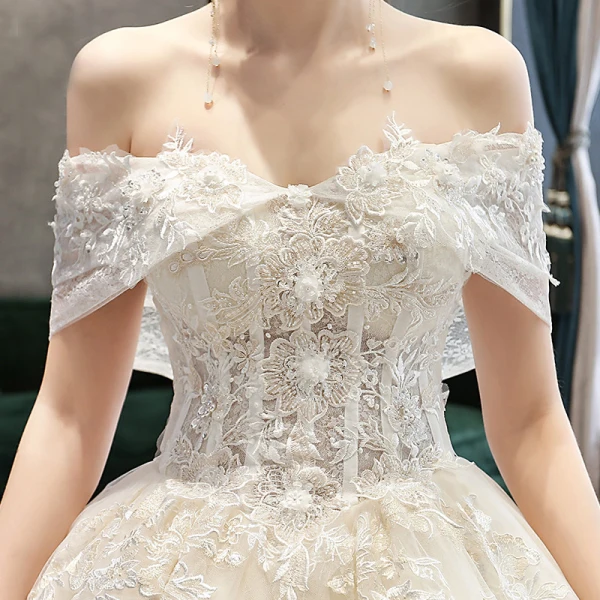 Elegant Champagne Wedding Dresses 2019 A-Line / Princess Off-The-Shoulder Beading Lace Flower Short Sleeve Backless Royal Train