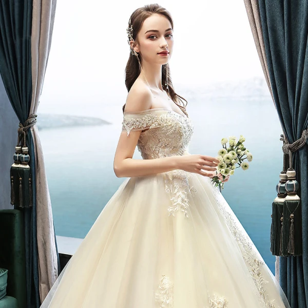 Classy Champagne Pregnant Wedding Dresses 2019 Off-The-Shoulder Beading Lace Flower Short Sleeve Backless Floor-Length / Long