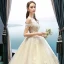 Classy Champagne Pregnant Wedding Dresses 2019 Off-The-Shoulder Beading Lace Flower Short Sleeve Backless Floor-Length / Long