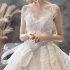 Luxury / Gorgeous Champagne Wedding Dresses 2019 Ball Gown Spaghetti Straps Sequins Sleeveless Backless Bow Royal Train