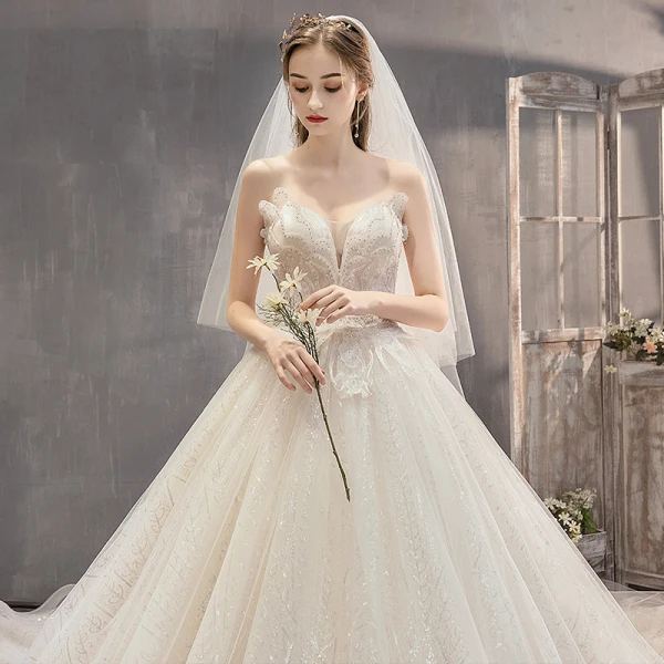 Fabuleux Champagne Robe De Mariée 2019 Princesse Bustier Perlage Paillettes Sans Manches Dos Nu Appliques Noeud Royal Train