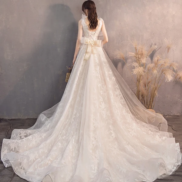 Élégant Champagne Robe De Mariée 2019 Princesse V-Cou Perlage Paillettes En Dentelle Fleur Sans Manches Dos Nu Noeud Chapel Train