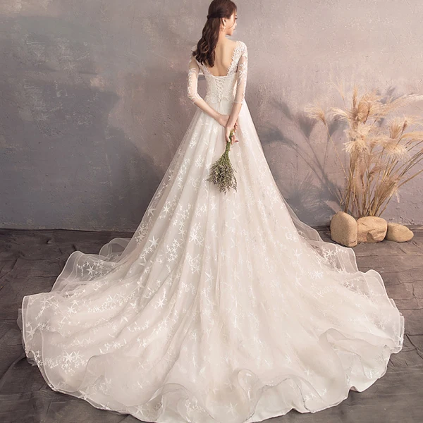 Charming Champagne Wedding Dresses 2019 A-Line / Princess Scoop Neck Star Lace Flower 3/4 Sleeve Backless Court Train