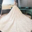 Hermoso Champán Vestidos De Novia 2019 A-Line / Princess Fuera Del Hombro Rebordear Lentejuelas Con Encaje Flor Manga Corta Sin Espalda Royal Train