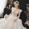 Fabulous Champagne Wedding Dresses 2021 Ball Gown Scoop Neck Beading Sequins Appliques Short Sleeve Backless Royal Train Wedding