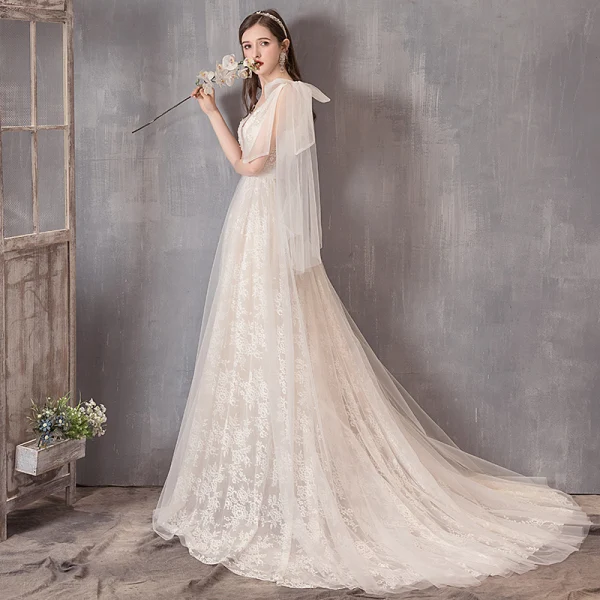 Schöne Ivory / Creme Brautkleider / Hochzeitskleider 2019 A Linie V-Ausschnitt Spitze Blumen Ärmellos Rückenfreies Sweep / Pinsel Zug