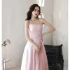 Elegant Candy Pink Pearl Satin Prom Dresses 2021 A-Line / Princess Strapless Sleeveless Backless Floor-Length / Long Formal Dresses