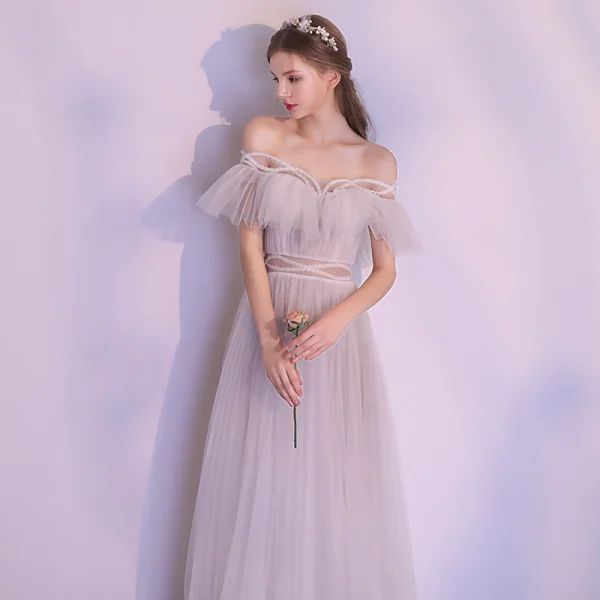 Modern / Fashion Grey Evening Dresses  2018 A-Line / Princess Beading Off-The-Shoulder Backless Short Sleeve Floor-Length / Long Formal Dresses