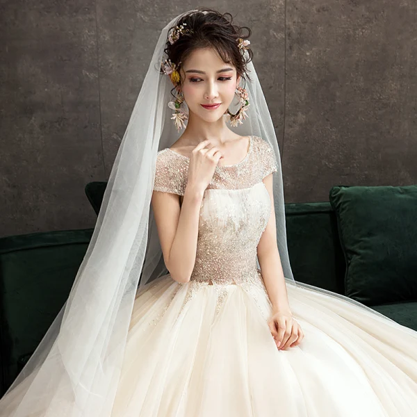 Chic Champagne Robe De Mariée 2019 Princesse Encolure Dégagée Perlage En Dentelle Fleur Paillettes Manches Courtes Dos Nu Train De Balayage
