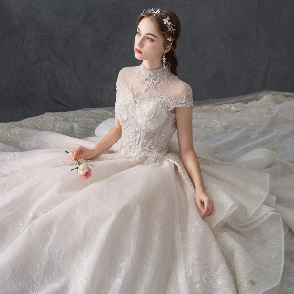 Luxury / Gorgeous Champagne Wedding Dresses 2019 Ball Gown High Neck Beading Pearl Sequins Crystal Lace Flower Cap Sleeves Backless Ruffle Cathedral Train