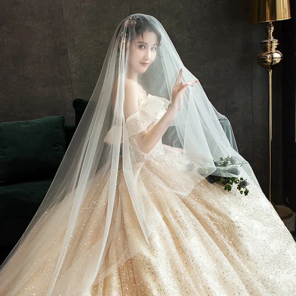 Luxury / Gorgeous Champagne Wedding Dresses 2019 A-Line / Princess Off-The-Shoulder Beading Lace Flower Sequins Short Sleeve Backless