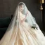 Luxury / Gorgeous Champagne Wedding Dresses 2019 A-Line / Princess Off-The-Shoulder Beading Lace Flower Sequins Short Sleeve Backless