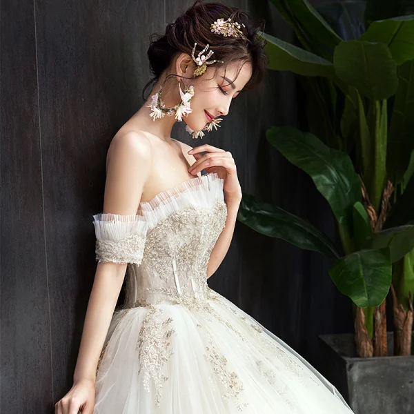 Classy Champagne Wedding Dresses 2019 Ball Gown Ruffle Off-The-Shoulder Beading Lace Flower Short Sleeve Backless Floor-Length / Long
