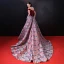 Chic / Belle Bordeaux Robe De Soirée 2018 Princesse Daim Impression De l'épaule Dos Nu Sans Manches Tribunal Train Robe De Ceremonie