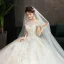 Elegant Champagne Wedding Dresses 2019 Ball Gown Scoop Neck Beading Lace Flower Short Sleeve Backless Floor-Length / Long