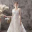 Chic / Beautiful Champagne Wedding Dresses 2019 A-Line / Princess Strapless Pearl Lace Flower Backless Bow Sleeveless Court Train