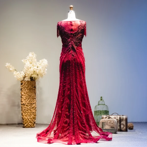 Luxury / Gorgeous Burgundy Handmade  Beading Evening Dresses  2019 Trumpet / Mermaid Scoop Neck Crystal Tassel Lace Flower Short Sleeve Sweep Train Formal Dresses