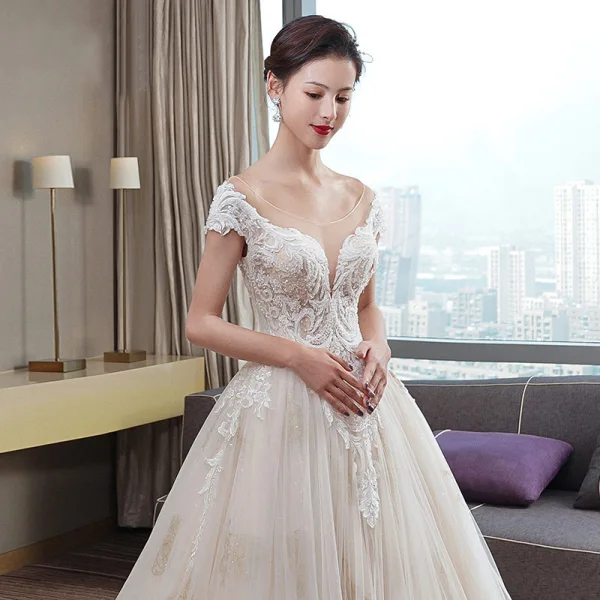 Luxury / Gorgeous Champagne Wedding Dresses 2019 A-Line / Princess V-Neck Beading Sequins Lace Flower Short Sleeve Backless Cathedral Train