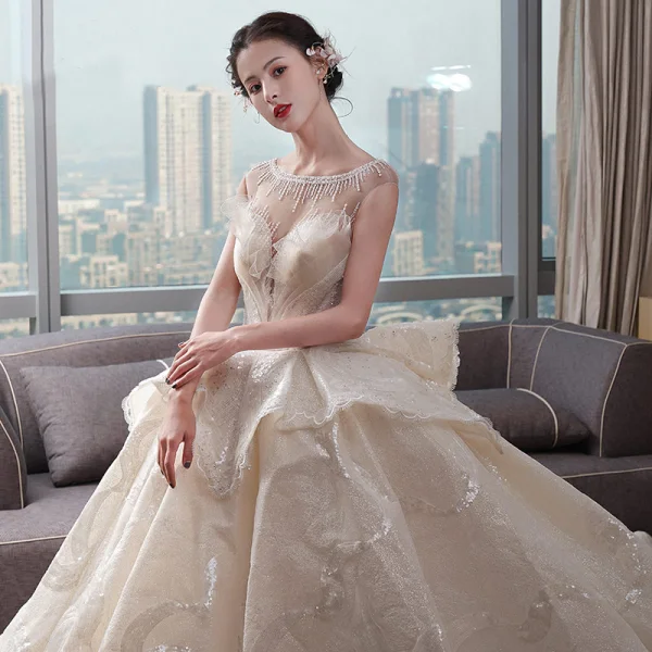 Luxury / Gorgeous Champagne Wedding Dresses 2019 Ball Gown Scoop Neck Sequins Lace Flower Sleeveless Backless Cascading Ruffles Cathedral Train