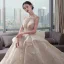 Luxury / Gorgeous Champagne Wedding Dresses 2019 Ball Gown Scoop Neck Sequins Lace Flower Sleeveless Backless Cascading Ruffles Cathedral Train
