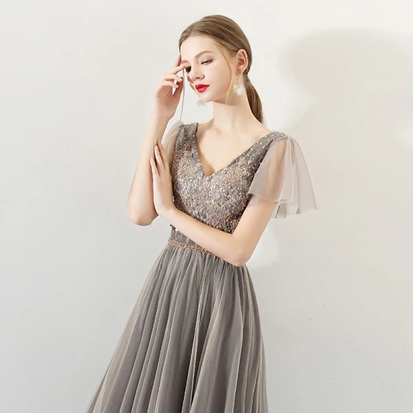 Modern / Fashion Champagne Black Evening Dresses 2018 A-Line / Princess Beading Sequins Lace Embroidered V-Neck Backless Short Sleeve Floor-Length / Long Formal Dresses