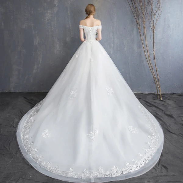 Affordable Ivory Wedding Dresses 2019 A-Line / Princess Off-The-Shoulder Beading Tassel Pearl Crystal Lace Flower Short Sleeve Backless Court Train