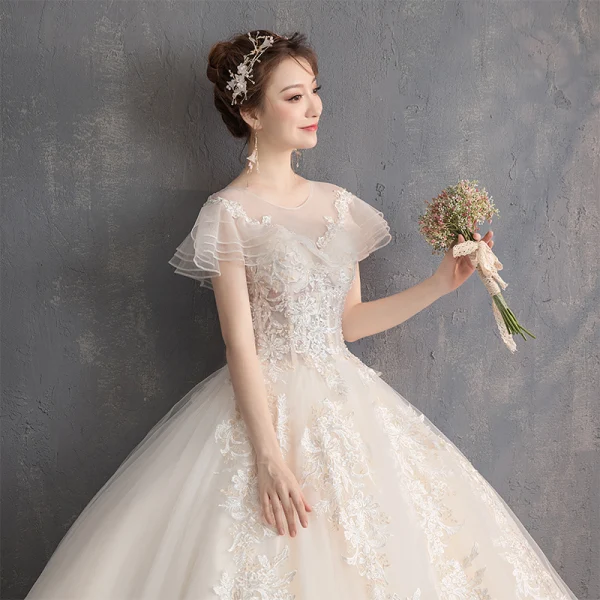 Lovely Champagne Wedding Dresses 2019 Ball Gown Scoop Neck Beading Lace Flower Short Sleeve Backless Floor-Length / Long