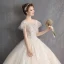 Lovely Champagne Wedding Dresses 2019 Ball Gown Scoop Neck Beading Lace Flower Short Sleeve Backless Floor-Length / Long