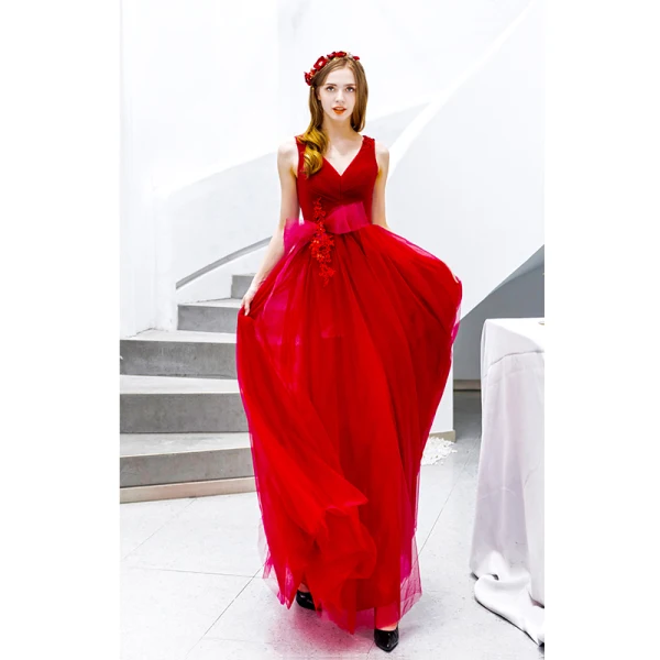 Chic / Belle Rouge Robe De Bal 2019 Princesse V-Cou Perlage En Dentelle Fleur Noeud Sans Manches Dos Nu Longue Robe De Ceremonie
