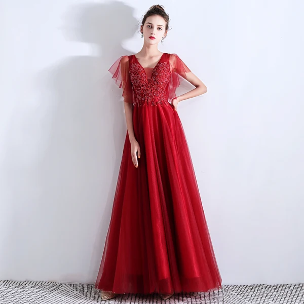 Chic / Beautiful Burgundy Evening Dresses 2019 A-Line / Princess V-Neck Beading Crystal Lace Flower Short Sleeve Backless Floor-Length / Long Formal Dresses
