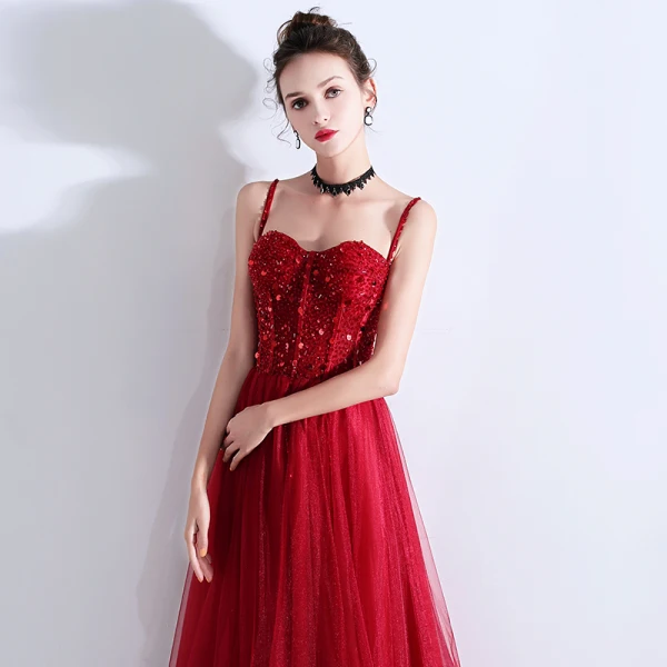 Chic / Belle Bordeaux Robe De Soirée 2019 Princesse Bretelles Spaghetti Perlage Cristal Paillettes Sans Manches Dos Nu Longue Robe De Ceremonie